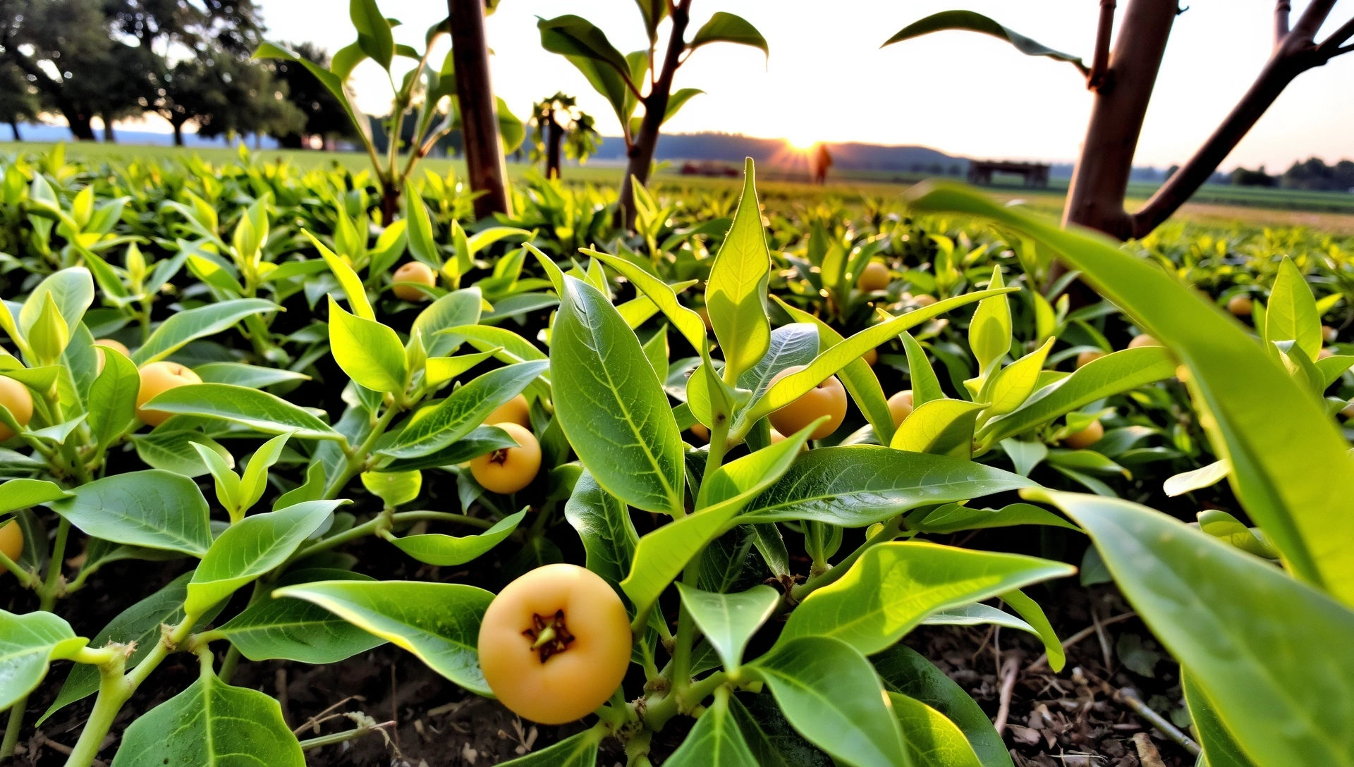 Peisaj natural liniștit cu plante verzi, fructe proaspete și raze de soare, simbolizând sănătatea naturală.