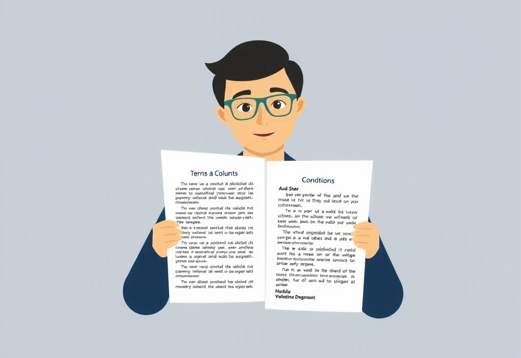 Imagine ilustrativă cu o persoană care citește un document legal, simbolizând termenii și condițiile, cu o estetică modernă și curată.