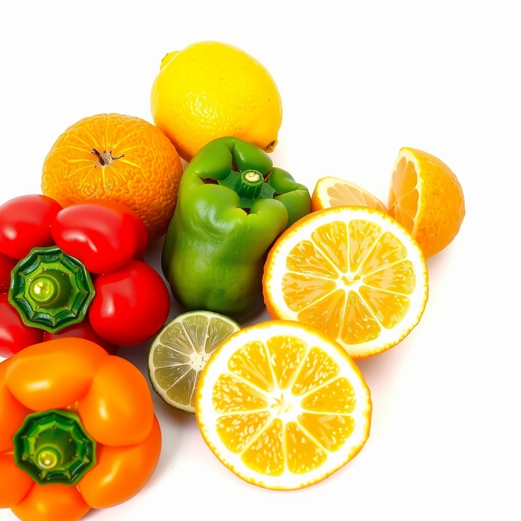 Citrice proaspete tăiate, cum ar fi portocale și lămâi, împreună cu ardei gras roșu și verde