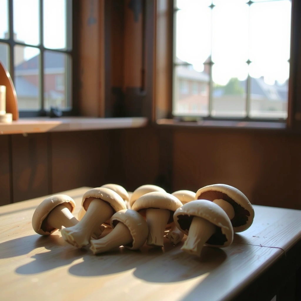 Raze de soare blânde filtrând printr-o fereastră, iluminând ciuperci proaspete pe o masă de lemn